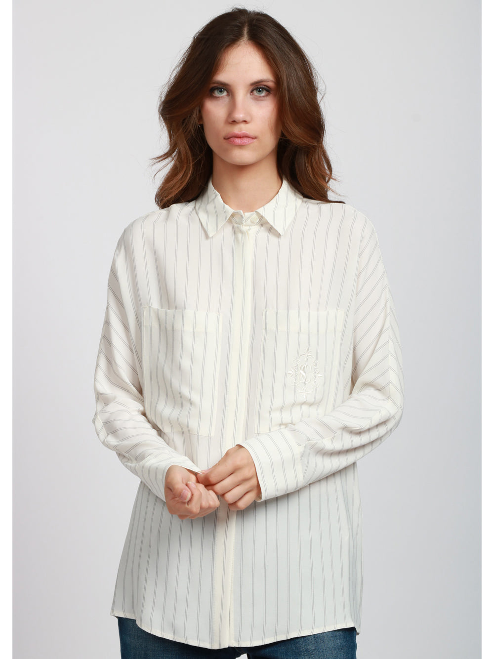 SEMICOUTURE Camicia Tiffany in Misto Seta Panna a Righe Nera Panna Nero