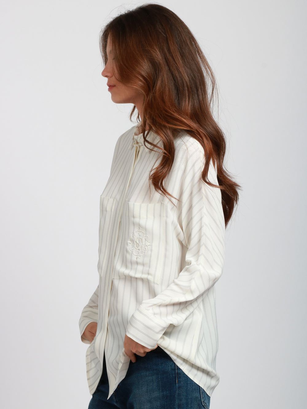 SEMICOUTURE Camicia Tiffany in Misto Seta Panna a Righe Nera Panna Nero