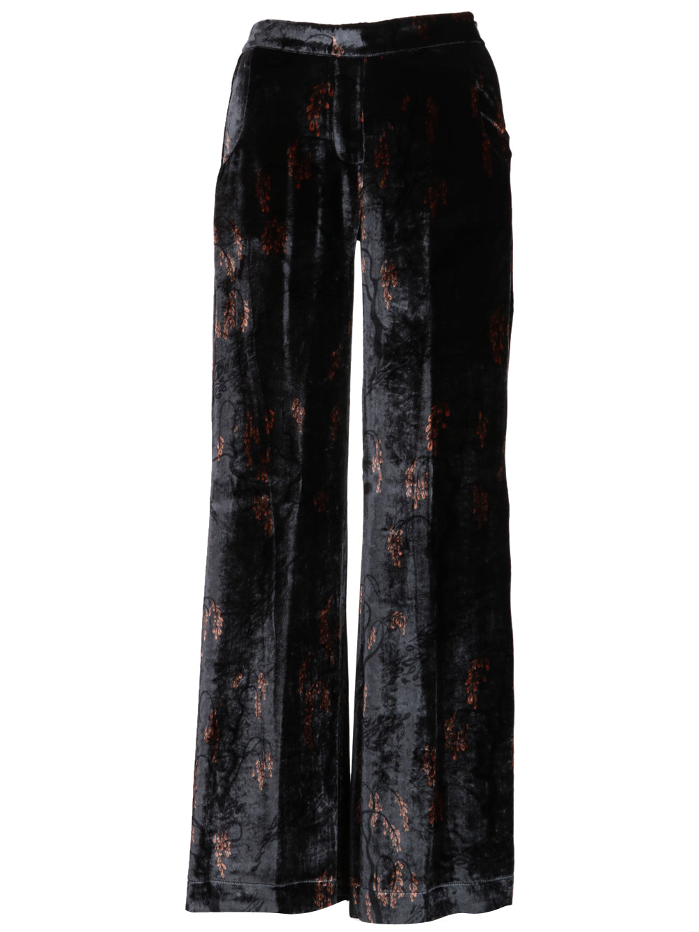 SIYU Pantaloni Palazzo in Velluto Misto Seta Blu con Stampa Bronzo Blu/nero/marrone