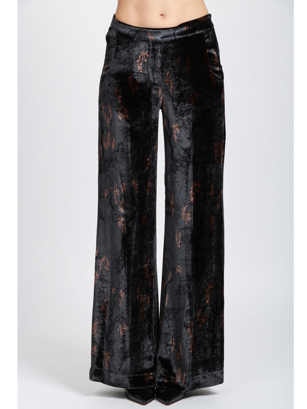 SIYU Pantaloni Palazzo in Velluto Misto Seta Blu con Stampa Bronzo Blu/nero/marrone