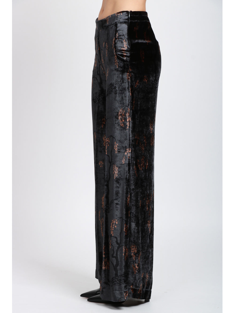 SIYU Pantaloni Palazzo in Velluto Misto Seta Blu con Stampa Bronzo Blu/nero/marrone