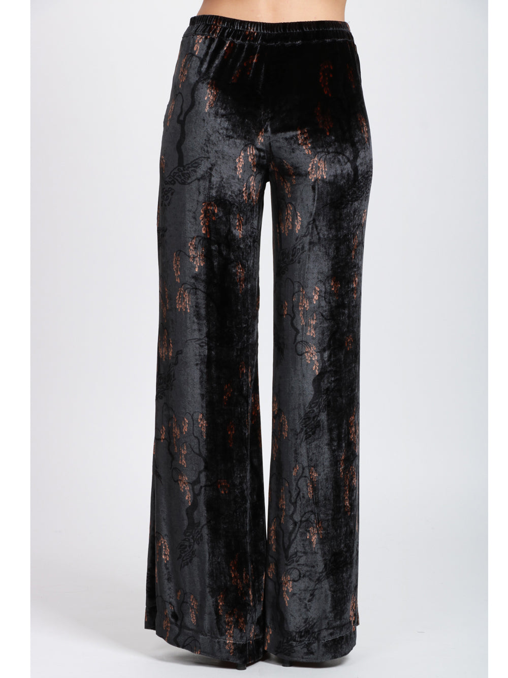SIYU Pantaloni Palazzo in Velluto Misto Seta Blu con Stampa Bronzo Blu/nero/marrone