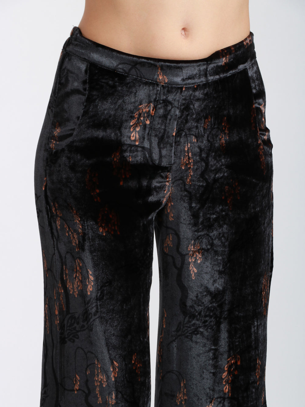 SIYU Pantaloni Palazzo in Velluto Misto Seta Blu con Stampa Bronzo Blu/nero/marrone