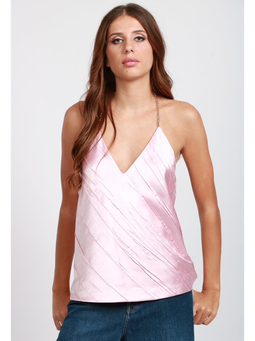SPORTMAX Top Fatuo in Raso Rosa con Bretelline in Catena Rosa