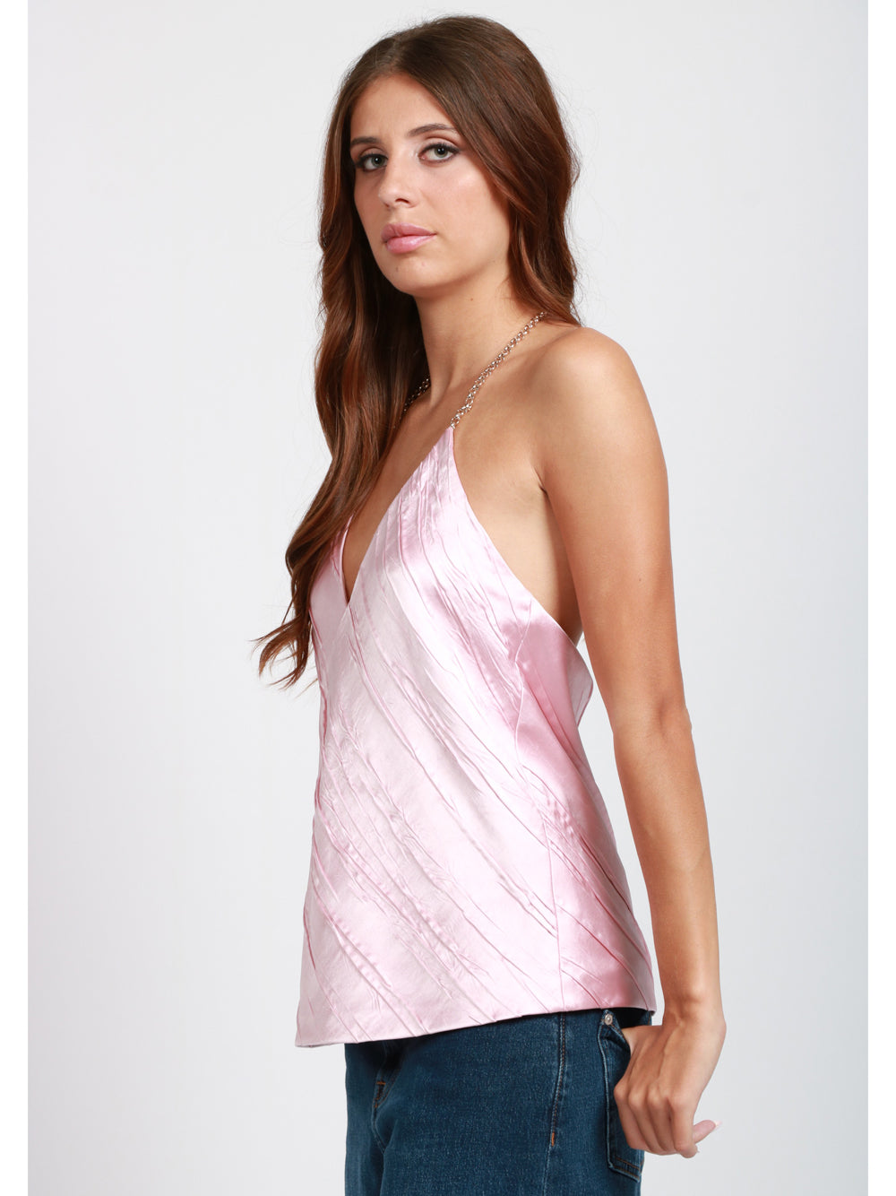 SPORTMAX Top Fatuo in Raso Rosa con Bretelline in Catena Rosa