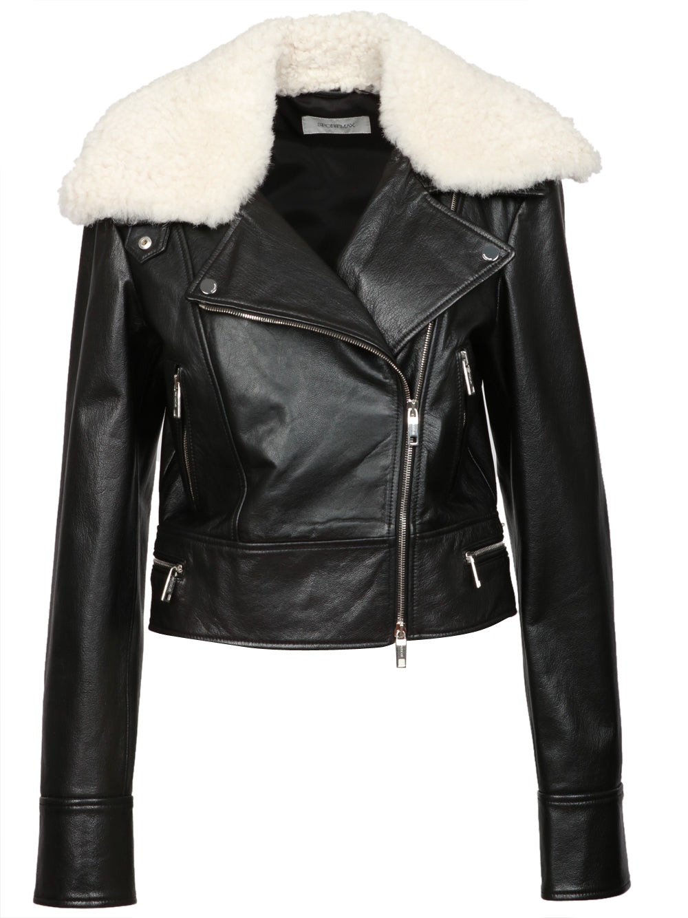 SPORTMAX Giacca Toscana in Pelle Nera con Collo in Montone Nero/bianco