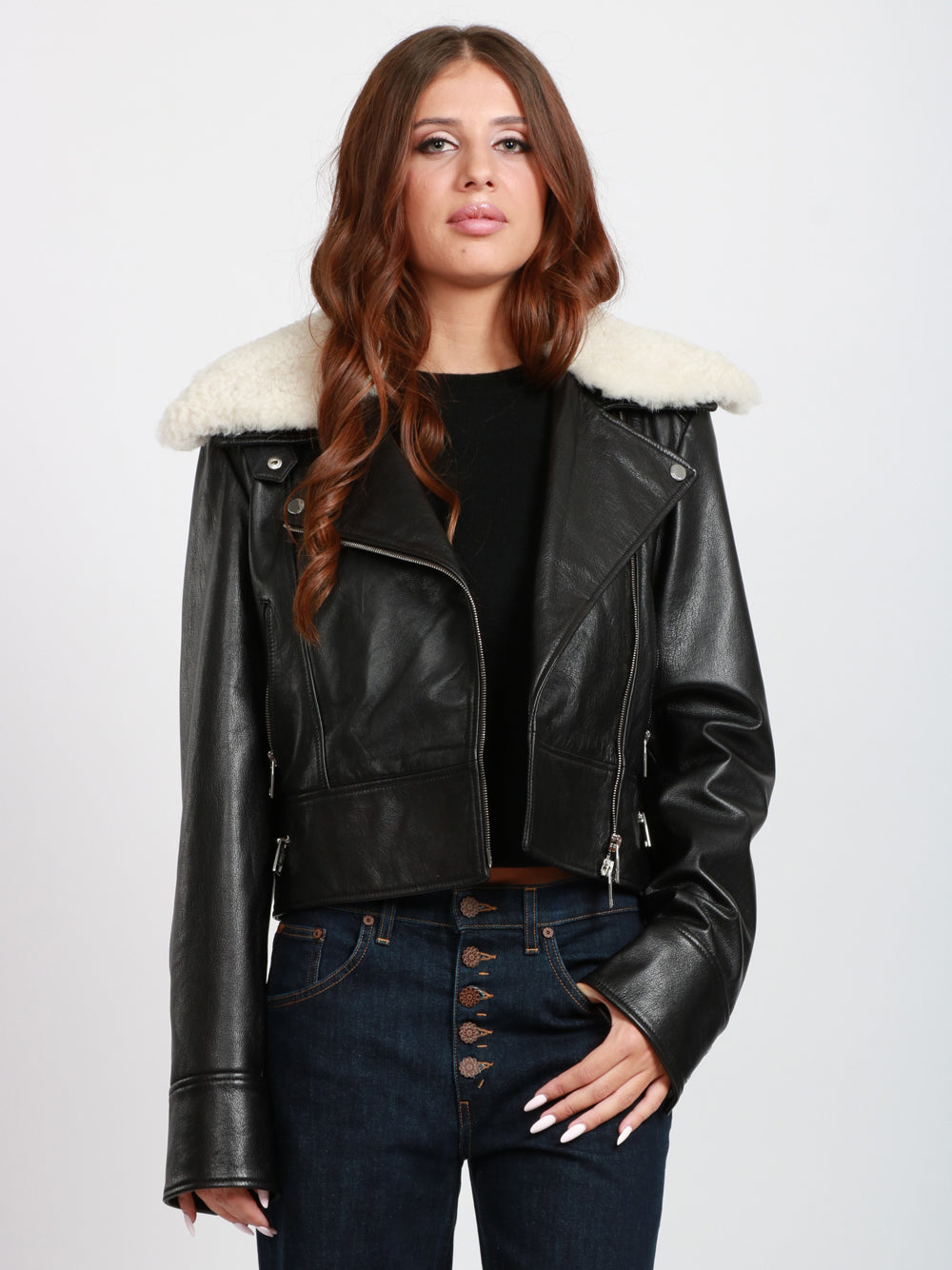 SPORTMAX Giacca Toscana in Pelle Nera con Collo in Montone Nero/bianco