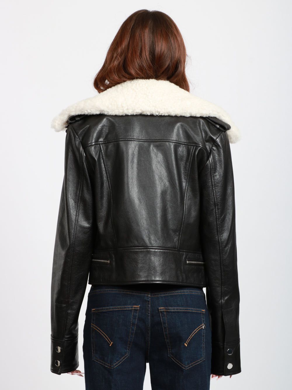 SPORTMAX Giacca Toscana in Pelle Nera con Collo in Montone Nero/bianco