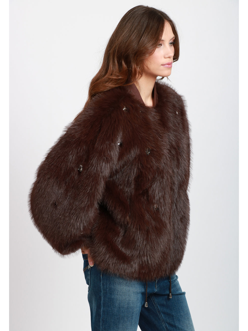 SWORD 6644 Bomber in Ecopelliccia Marrone con Pietre Marrone