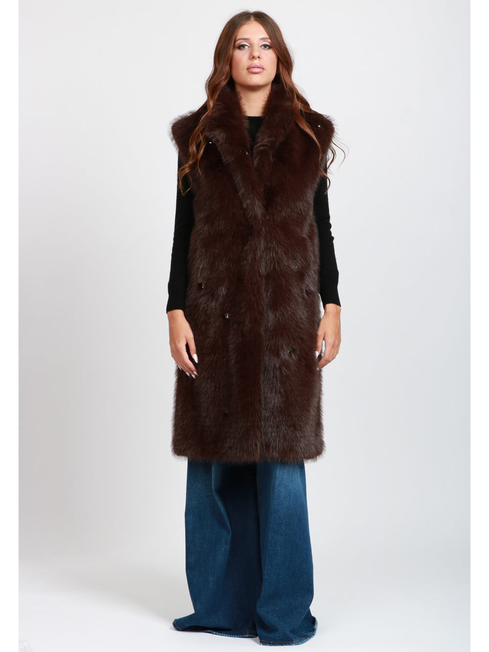 SWORD 6644 Gilet in Ecopelliccia Marrone con Pietre Marrone