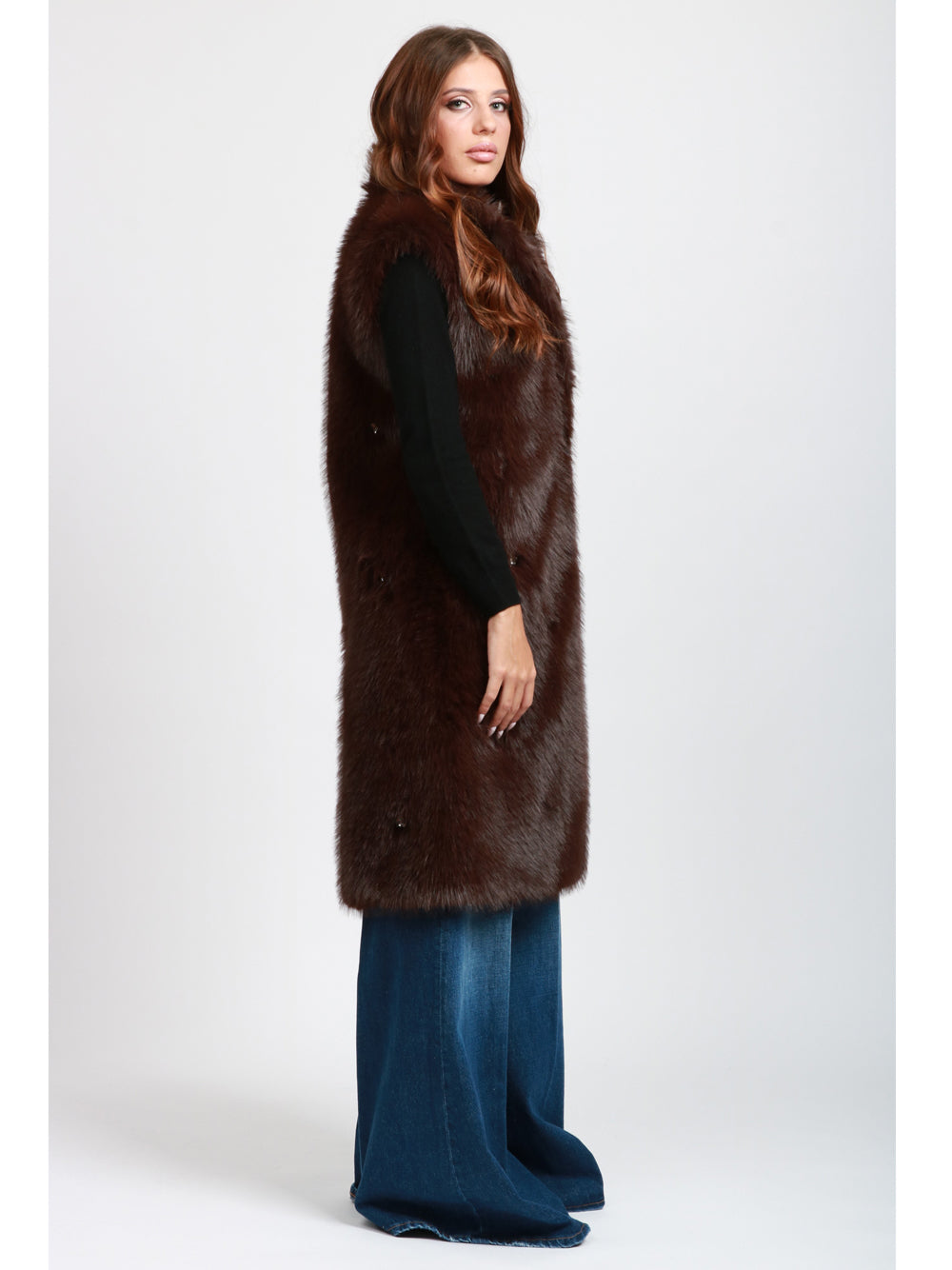 SWORD 6644 Gilet in Ecopelliccia Marrone con Pietre Marrone