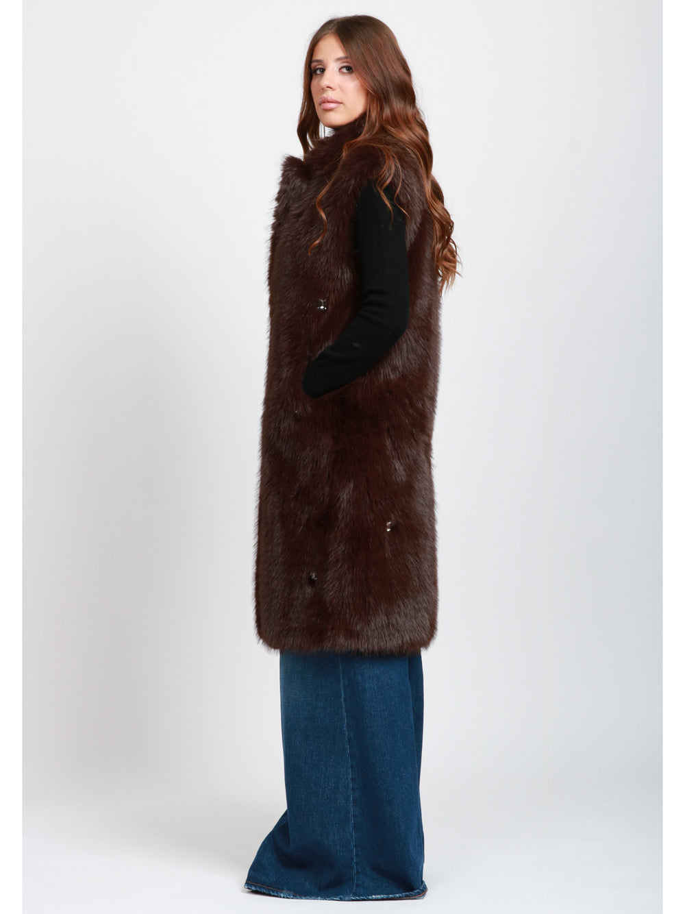 SWORD 6644 Gilet in Ecopelliccia Marrone con Pietre Marrone
