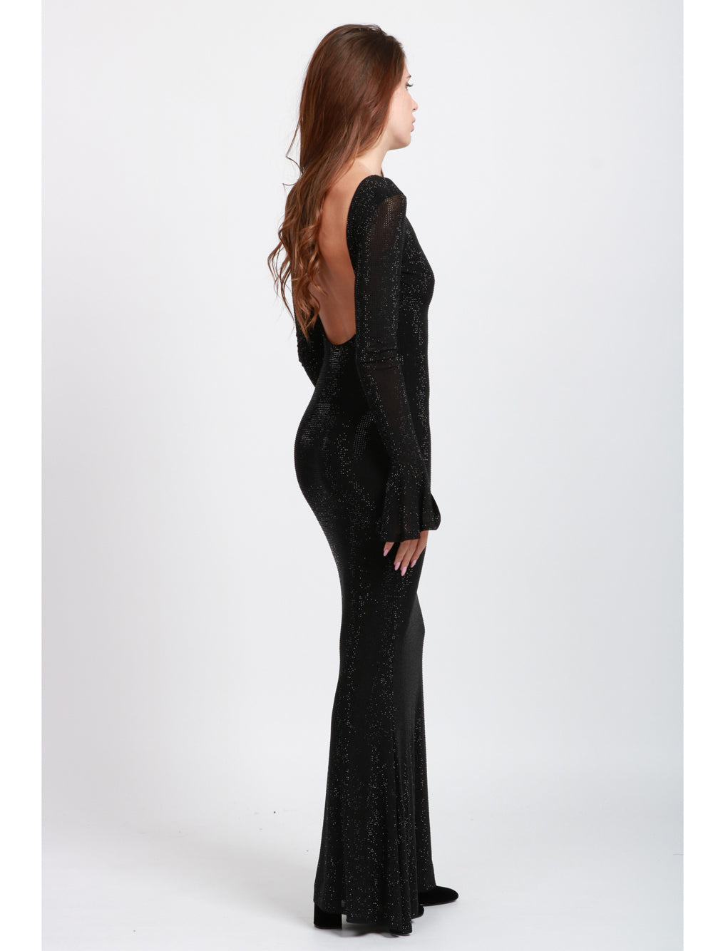 TWENTY FOURHAITCH Vestito Algedi Lungo in Strass Nero con Scollo sul Retro Nero