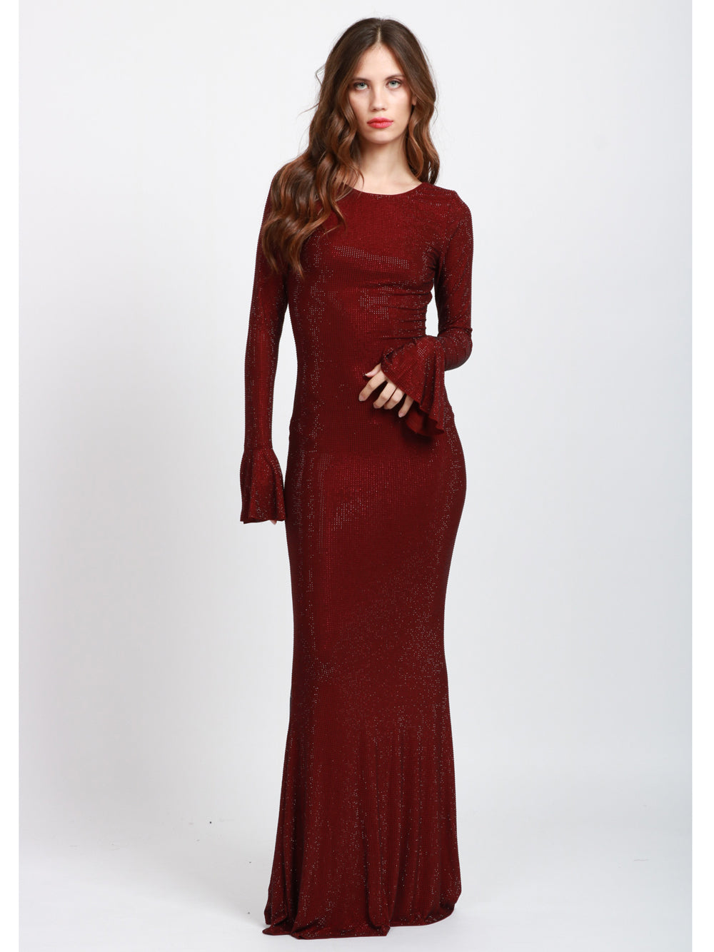 TWENTY FOURHAITCH Vestito Algedi Lungo in Strass Bordeaux con Scollo sul Retro Prugna