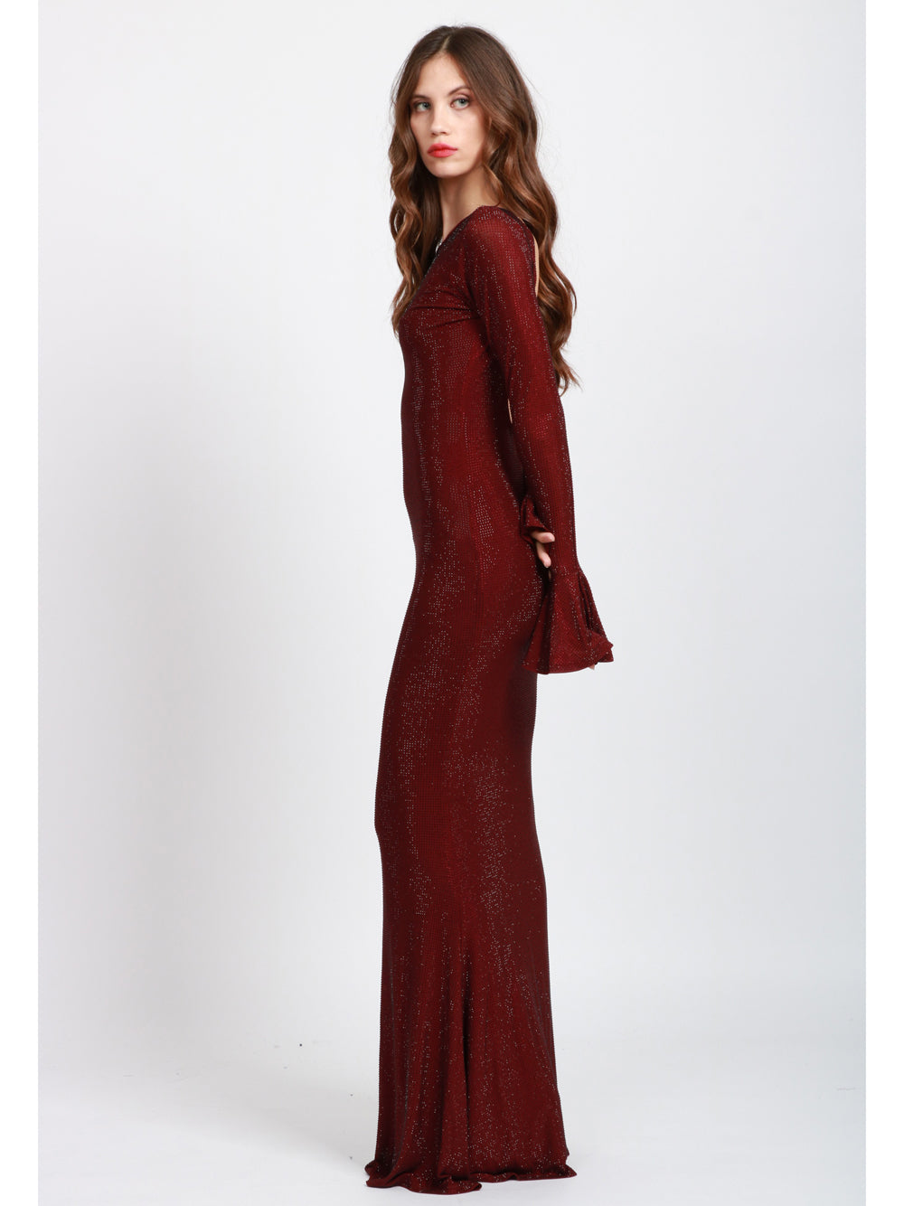 TWENTY FOURHAITCH Vestito Algedi Lungo in Strass Bordeaux con Scollo sul Retro Prugna