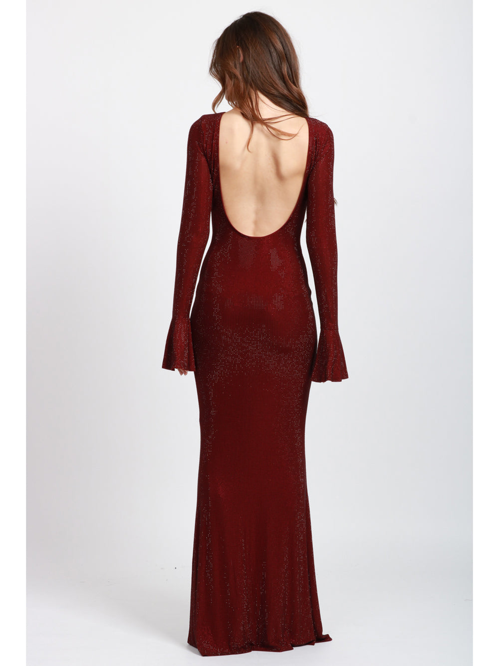 TWENTY FOURHAITCH Vestito Algedi Lungo in Strass Bordeaux con Scollo sul Retro Prugna