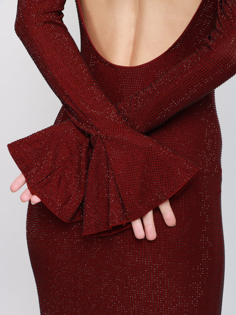 TWENTY FOURHAITCH Vestito Algedi Lungo in Strass Bordeaux con Scollo sul Retro Prugna