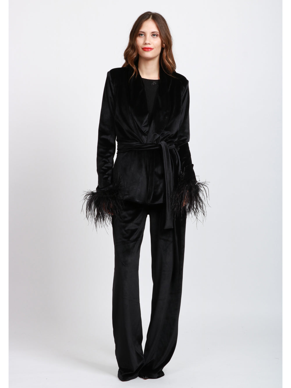 TWENTY FOURHAITCH Tailleur Ela in Velluto Nero con Piume Nero