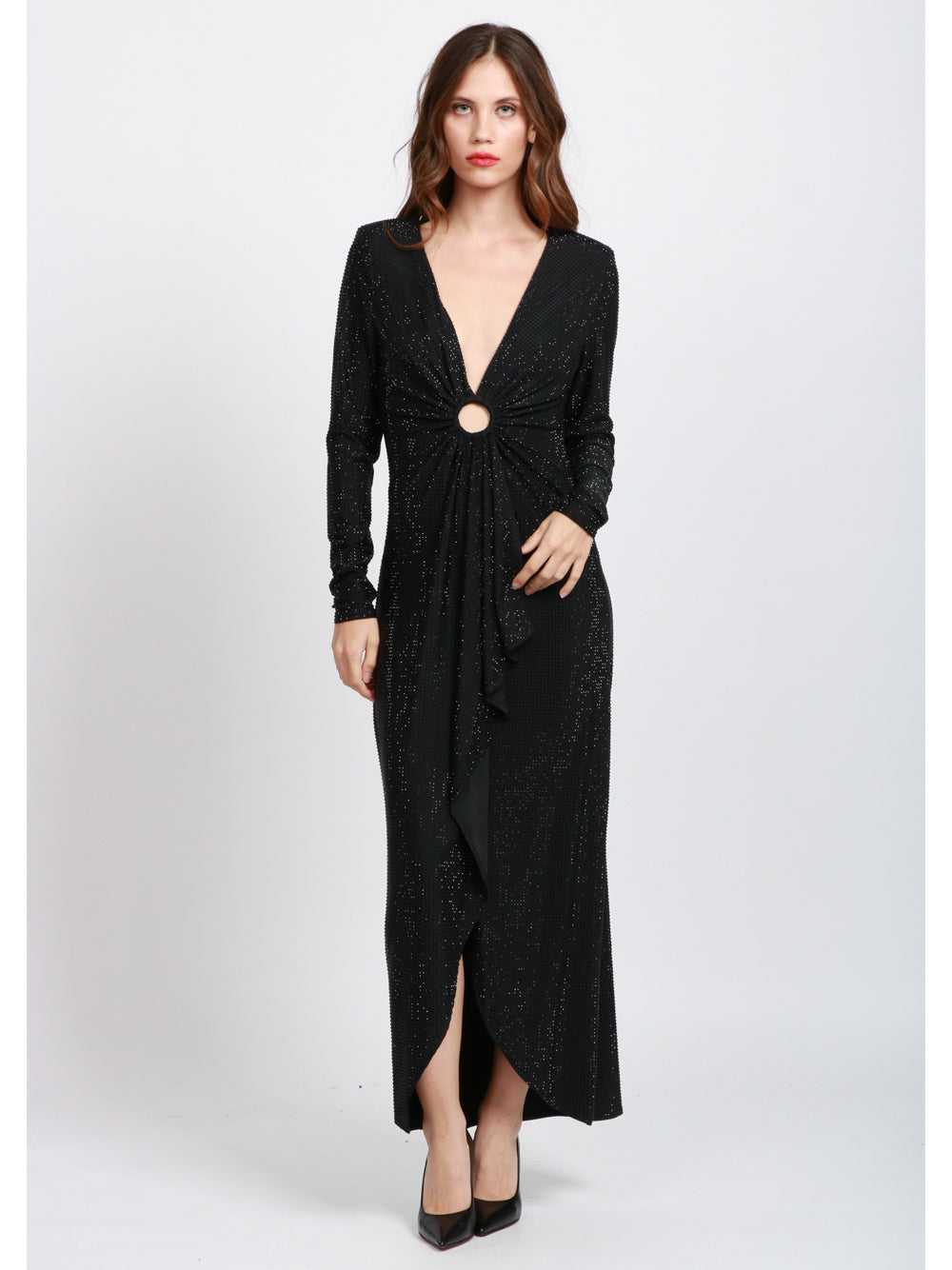 TWENTY FOURHAITCH Vestito Ipek Lungo in Strass Nero con Drappeggio sul Davanti Nero