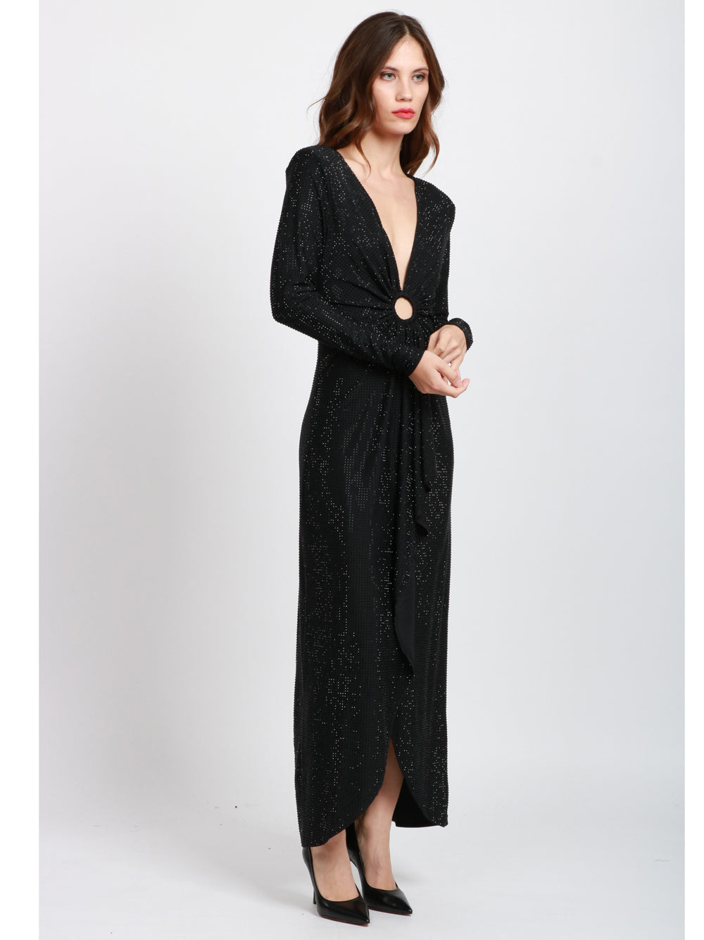 TWENTY FOURHAITCH Vestito Ipek Lungo in Strass Nero con Drappeggio sul Davanti Nero