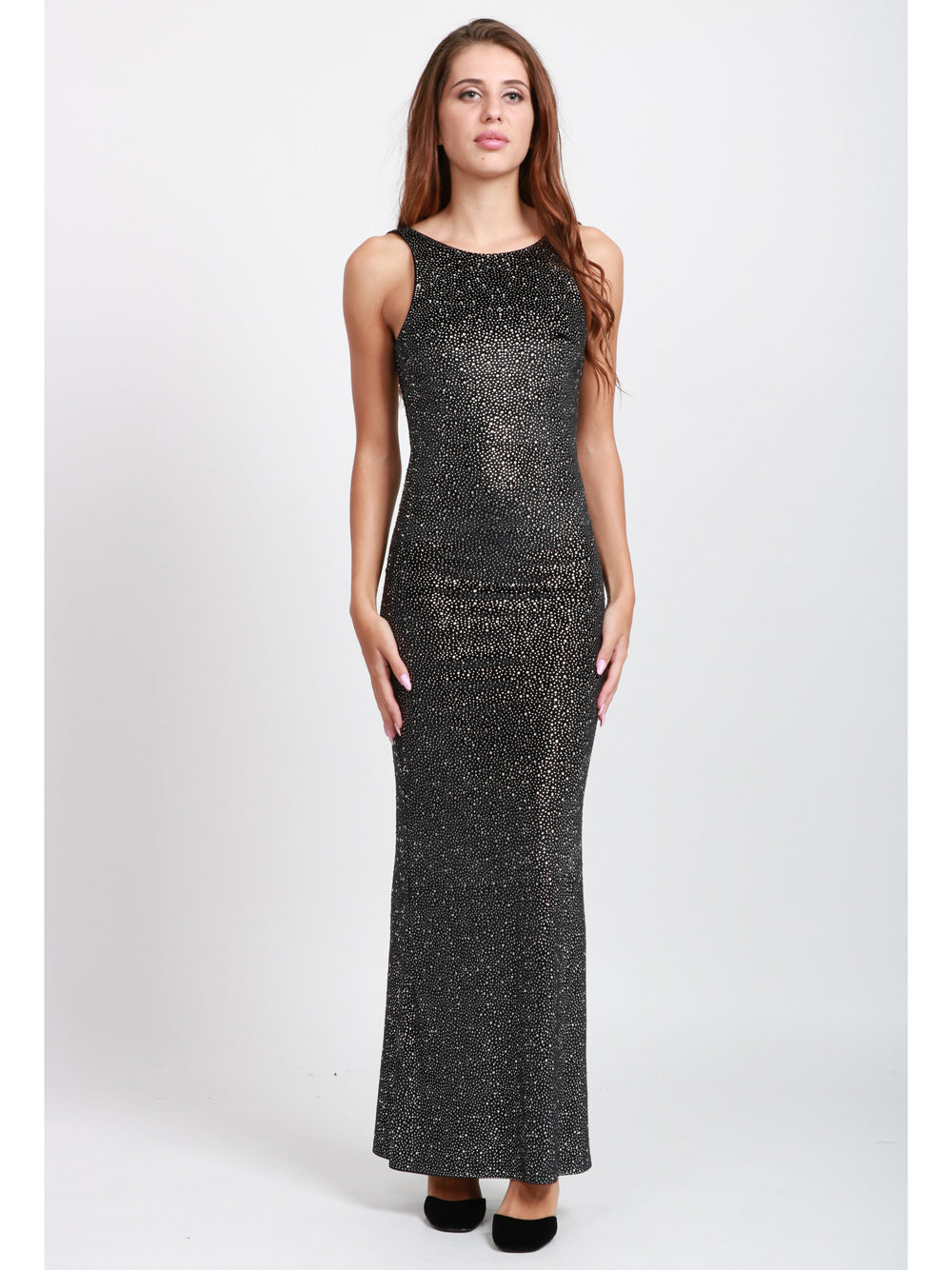 TWENTY FOURHAITCH Vestito Zehra Lungo in Velluto Nero con Strass Argento Nero+crystal