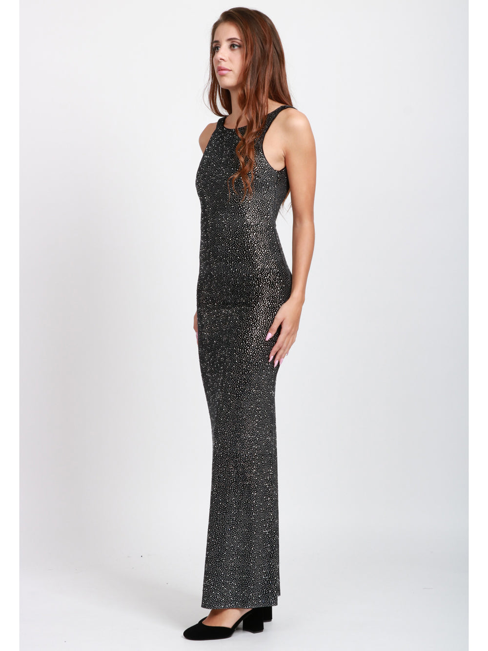 TWENTY FOURHAITCH Vestito Zehra Lungo in Velluto Nero con Strass Argento Nero+crystal