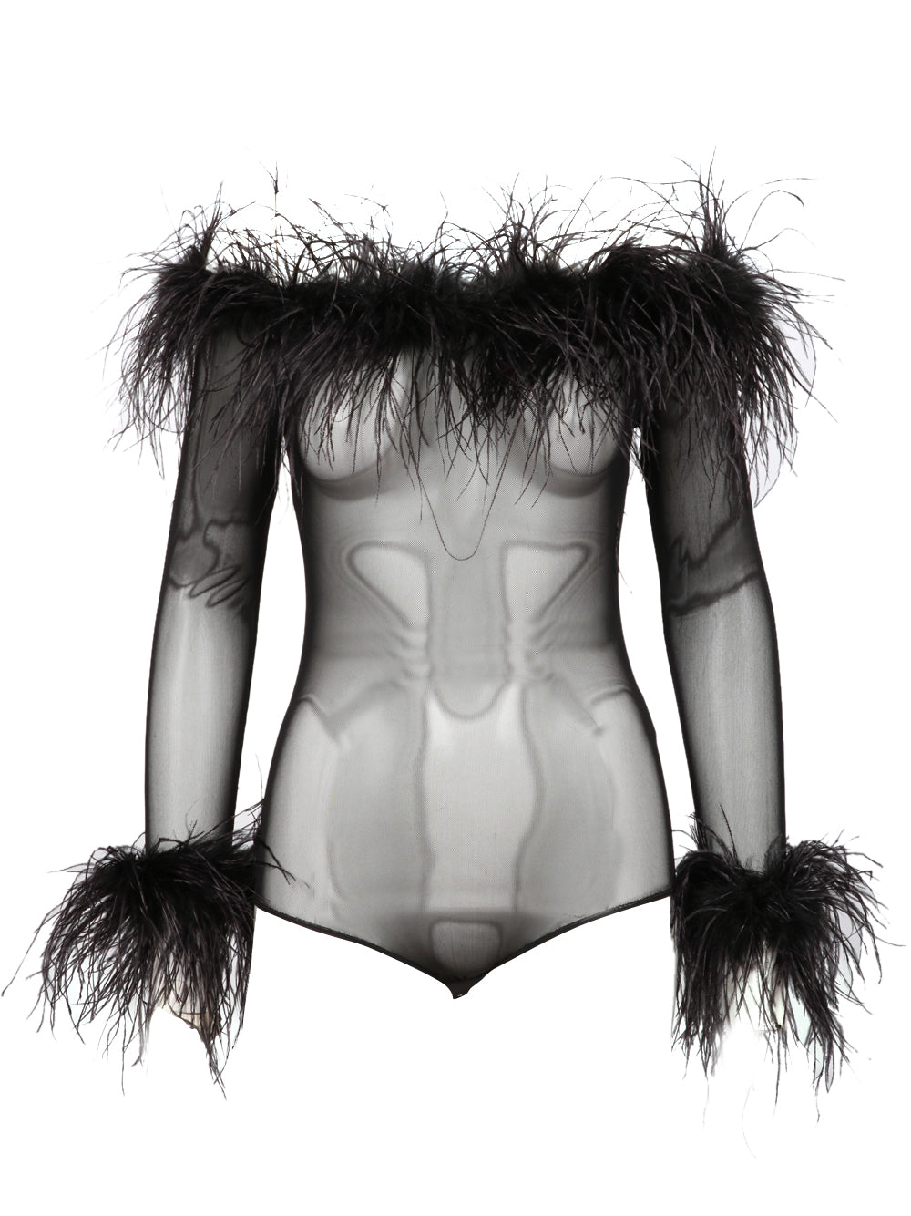 TWENTY FOURHAITCH Body Zuben in Tulle Nero con Piume Nero