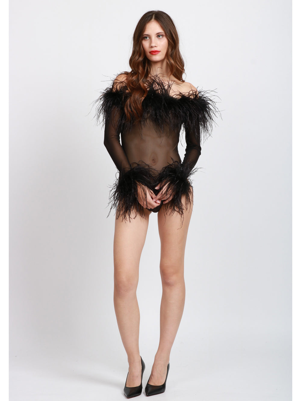 TWENTY FOURHAITCH Body Zuben in Tulle Nero con Piume Nero