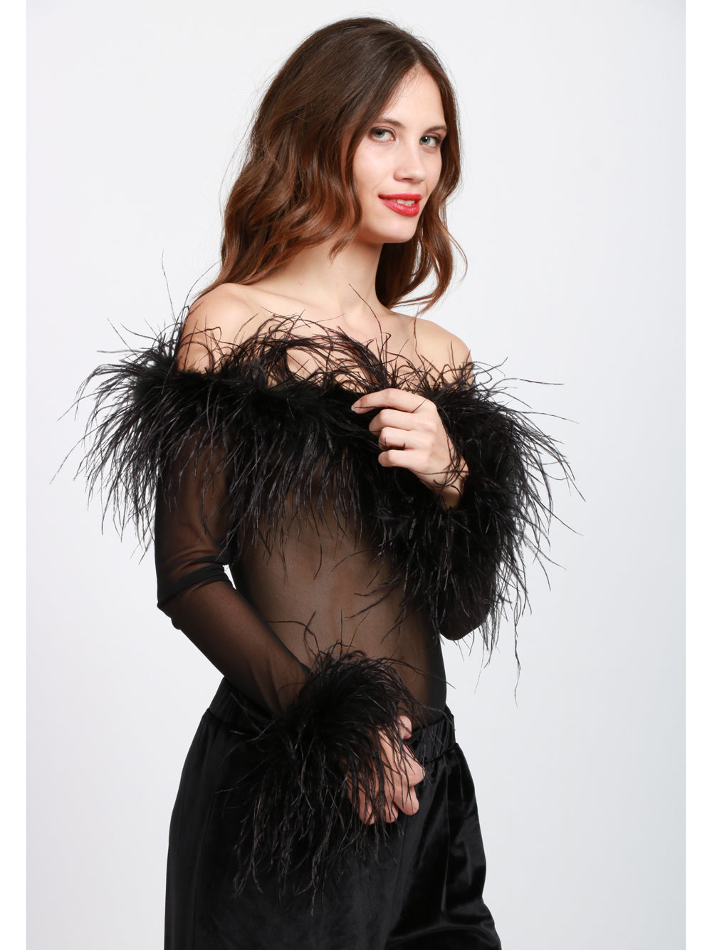 TWENTY FOURHAITCH Body Zuben in Tulle Nero con Piume Nero