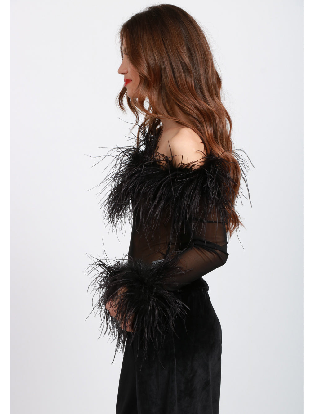 TWENTY FOURHAITCH Body Zuben in Tulle Nero con Piume Nero