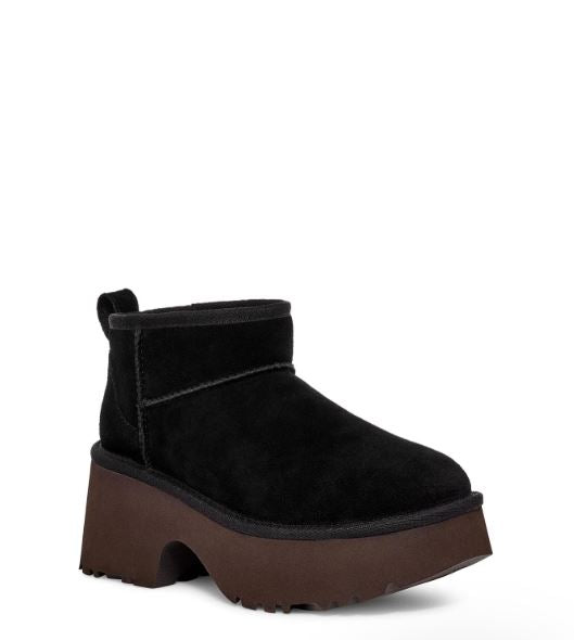 UGG Stivali Ultra Mini New Heights in Suede Neri con Imbottitura in Lana Nero
