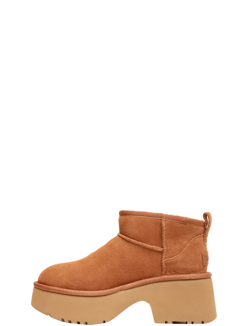 UGG Stivali Ultra Mini New Heights in Suede Cammello con Imbottitura in Lana Nocciola