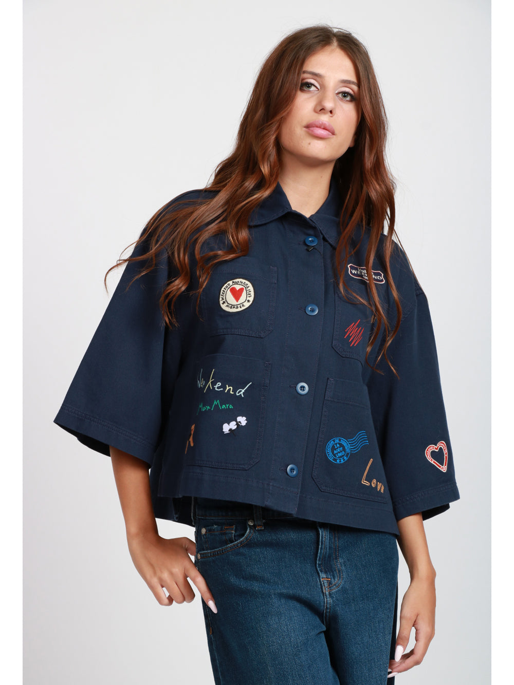 WEEKEND MAX MARA Giacca Assuan in Cotone Blu con Patch Blu