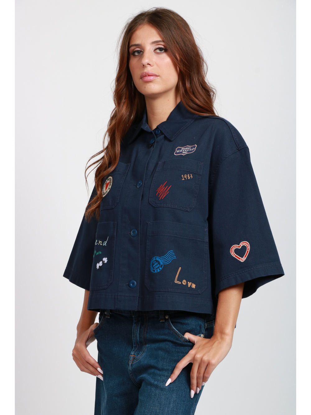 WEEKEND MAX MARA Giacca Assuan in Cotone Blu con Patch Blu