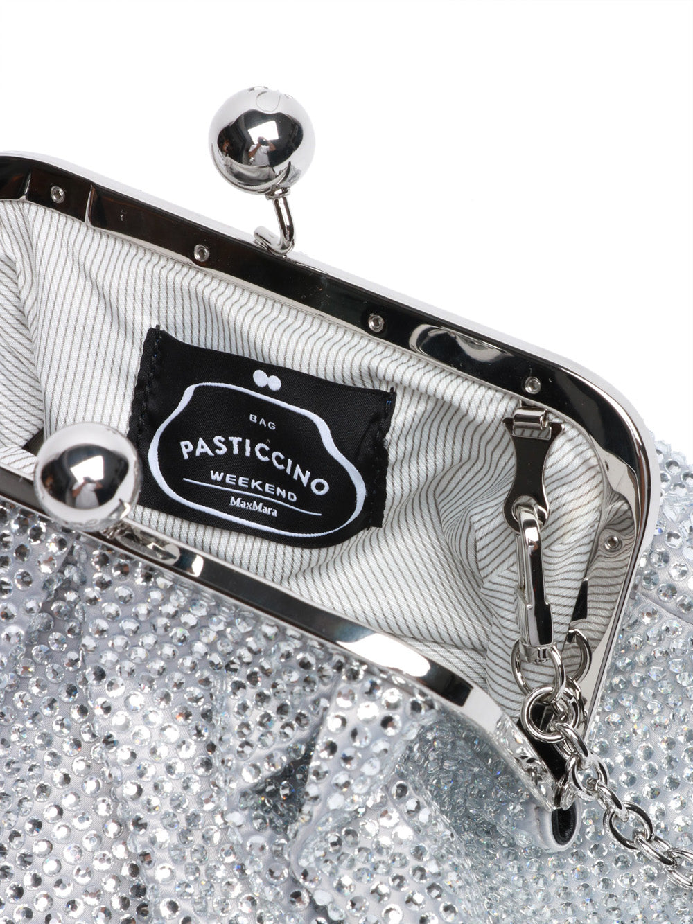 WEEKEND MAX MARA Borsa Pochette Emy Pasticcino Piccola in Raso Argento con Srass Silver