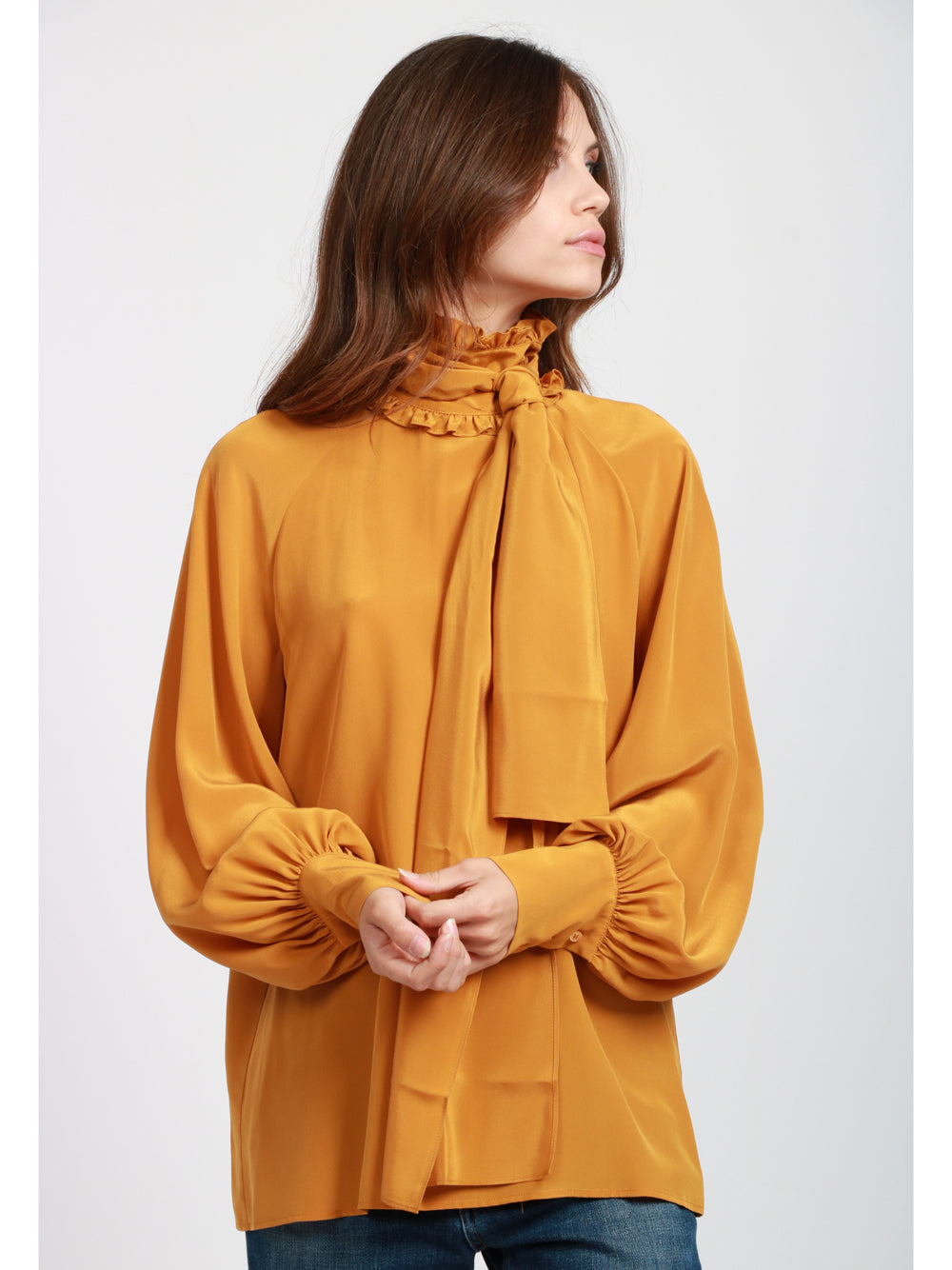 WEEKEND MAX MARA Blusa Guido in Seta Senape con Rouches su Collo Senape