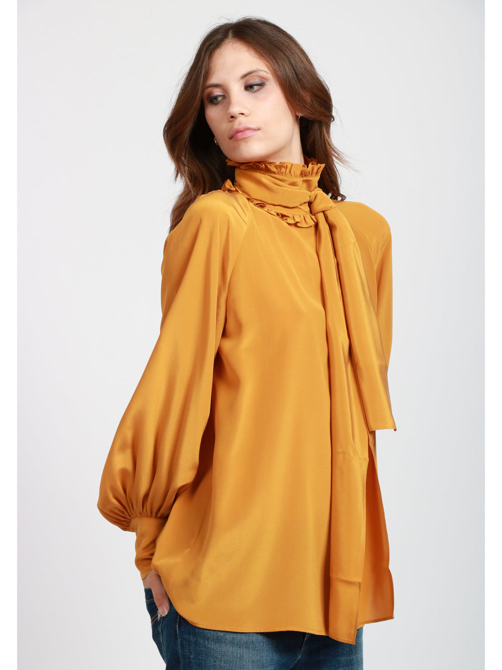WEEKEND MAX MARA Blusa Guido in Seta Senape con Rouches su Collo Senape