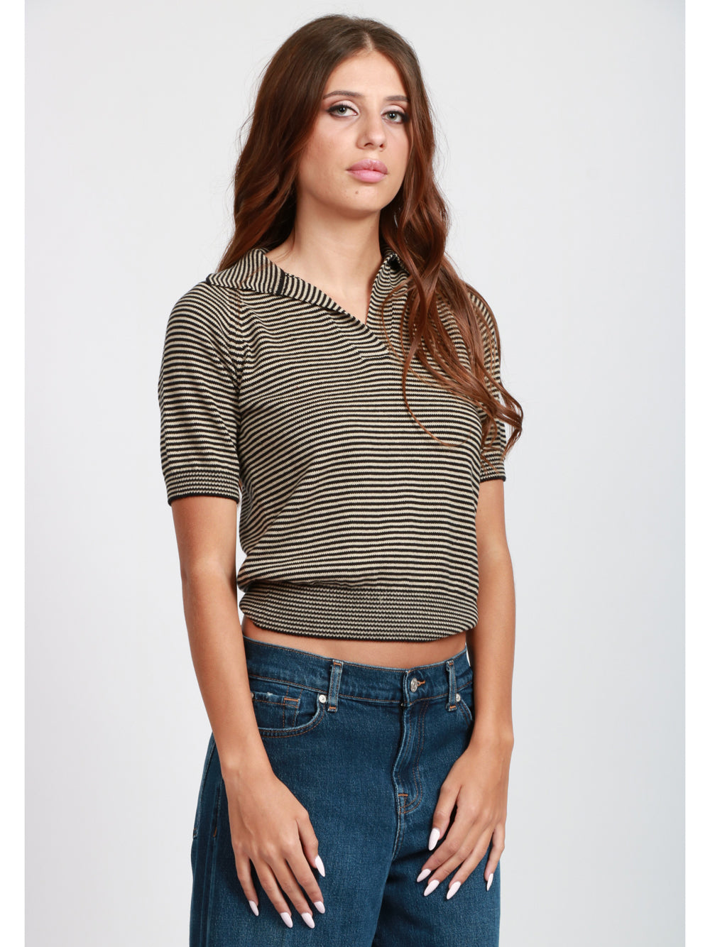 WEEKEND MAX MARA Maglia Polo Junior in Cotone a Righe Nera e Fango Nero/fango