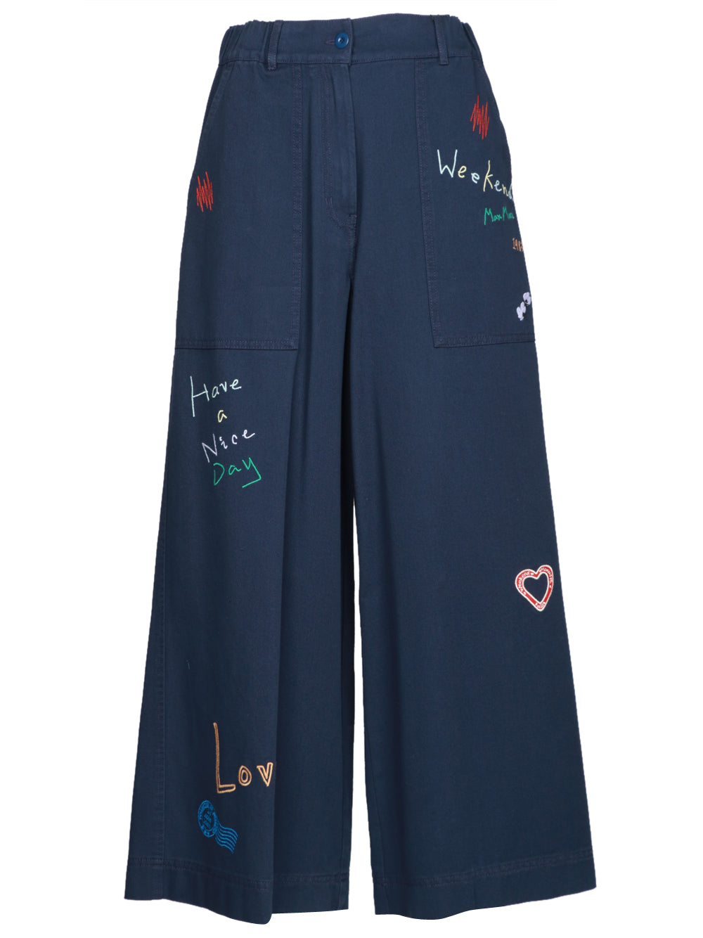 WEEKEND MAX MARA Pantaloni Lotus Gamba Larga in Cotone con Ricami e Patch Blu chiaro