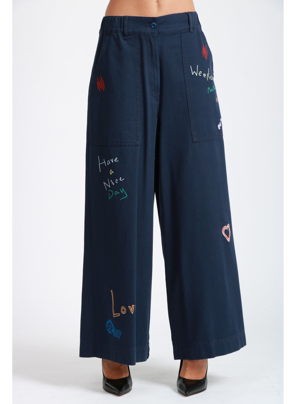 WEEKEND MAX MARA Pantaloni Lotus Gamba Larga in Cotone con Ricami e Patch Blu chiaro