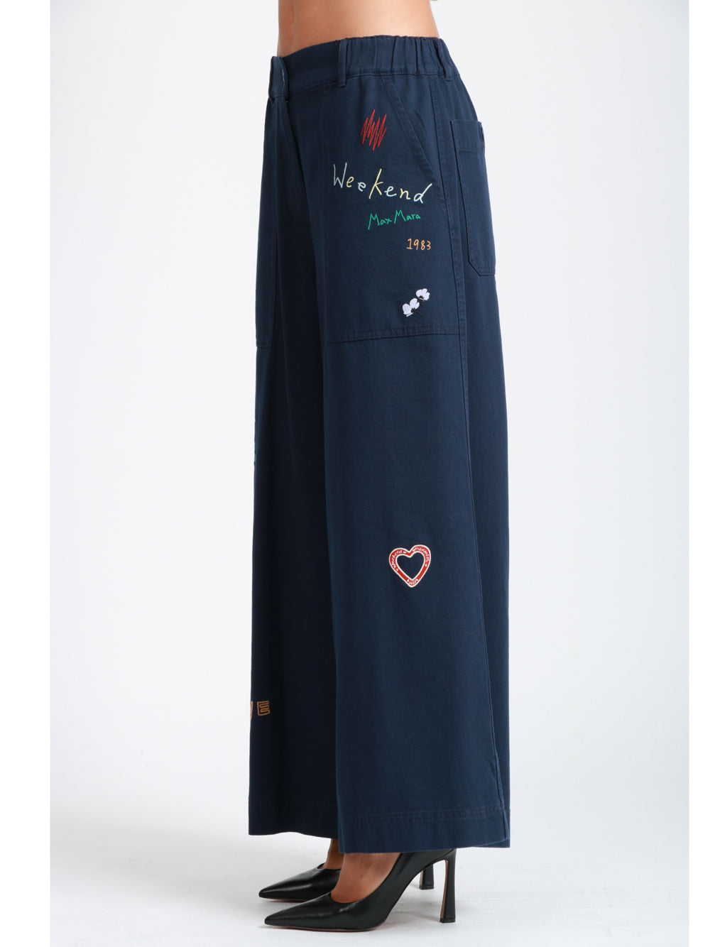 WEEKEND MAX MARA Pantaloni Lotus Gamba Larga in Cotone con Ricami e Patch Blu chiaro