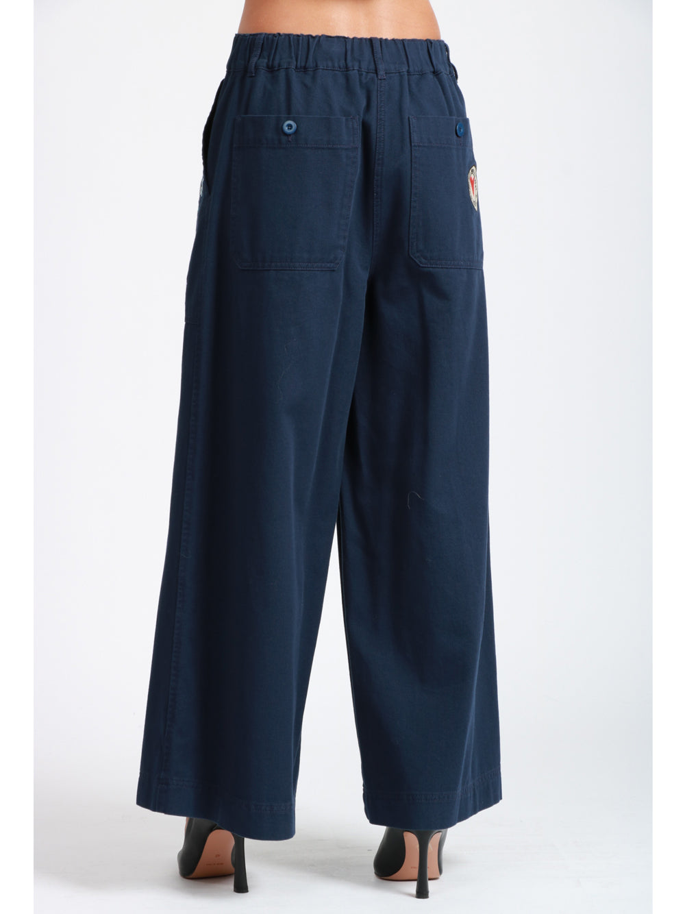 WEEKEND MAX MARA Pantaloni Lotus Gamba Larga in Cotone con Ricami e Patch Blu chiaro