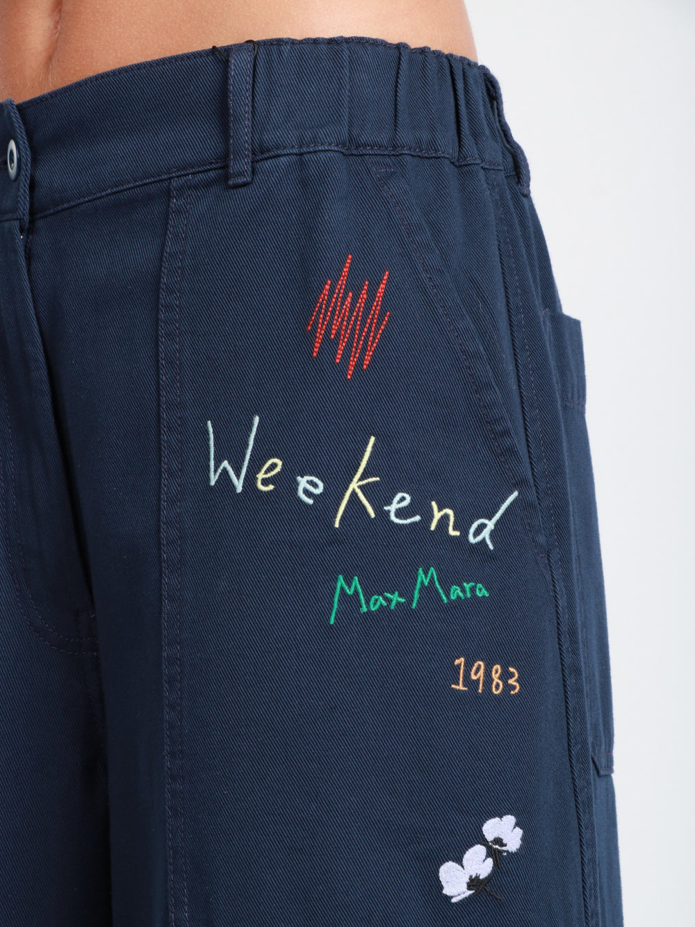 WEEKEND MAX MARA Pantaloni Lotus Gamba Larga in Cotone con Ricami e Patch Blu chiaro