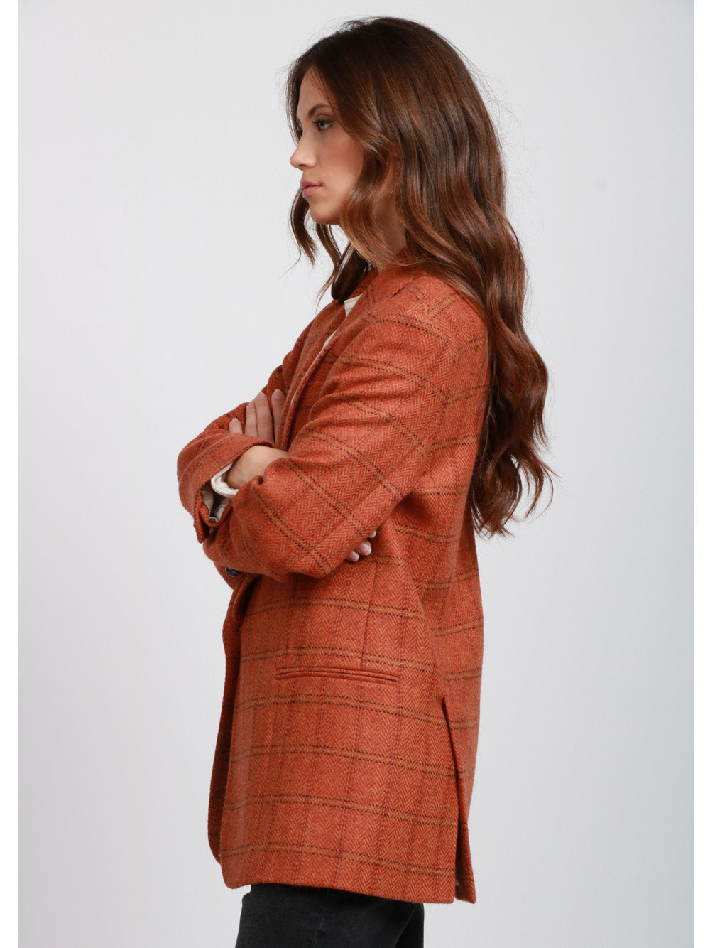 WEEKEND MAX MARA Giacca Mintea Monopetto in Lana Vergine Check Ruggine Arancio+color