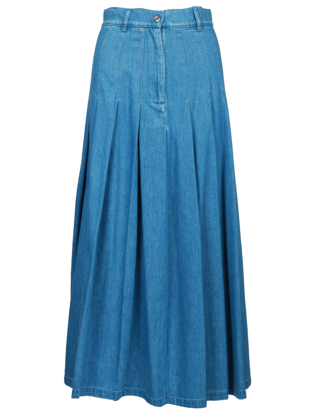 WEEKEND MAX MARA Gonna Opunzia in Denim di Cotone Blu con Pieghe Denim chiaro