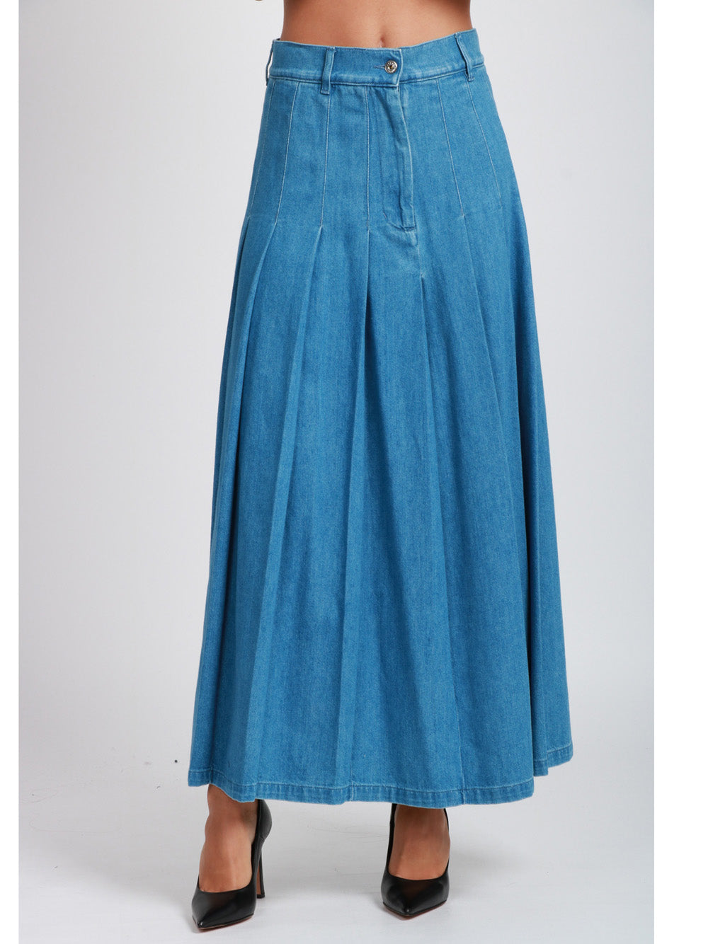 WEEKEND MAX MARA Gonna Opunzia in Denim di Cotone Blu con Pieghe Denim chiaro