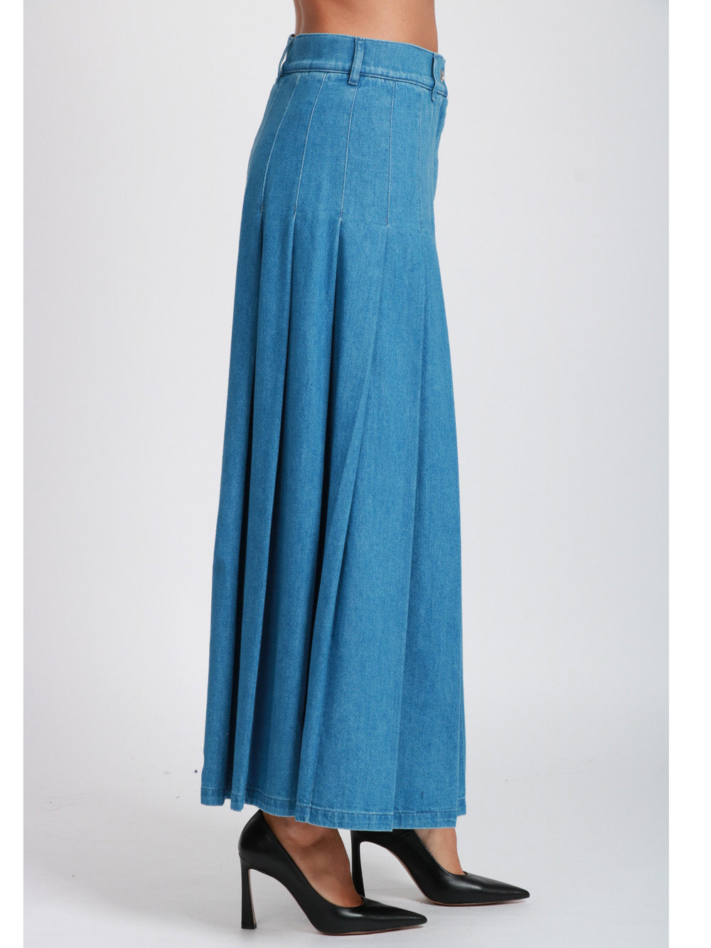 WEEKEND MAX MARA Gonna Opunzia in Denim di Cotone Blu con Pieghe Denim chiaro