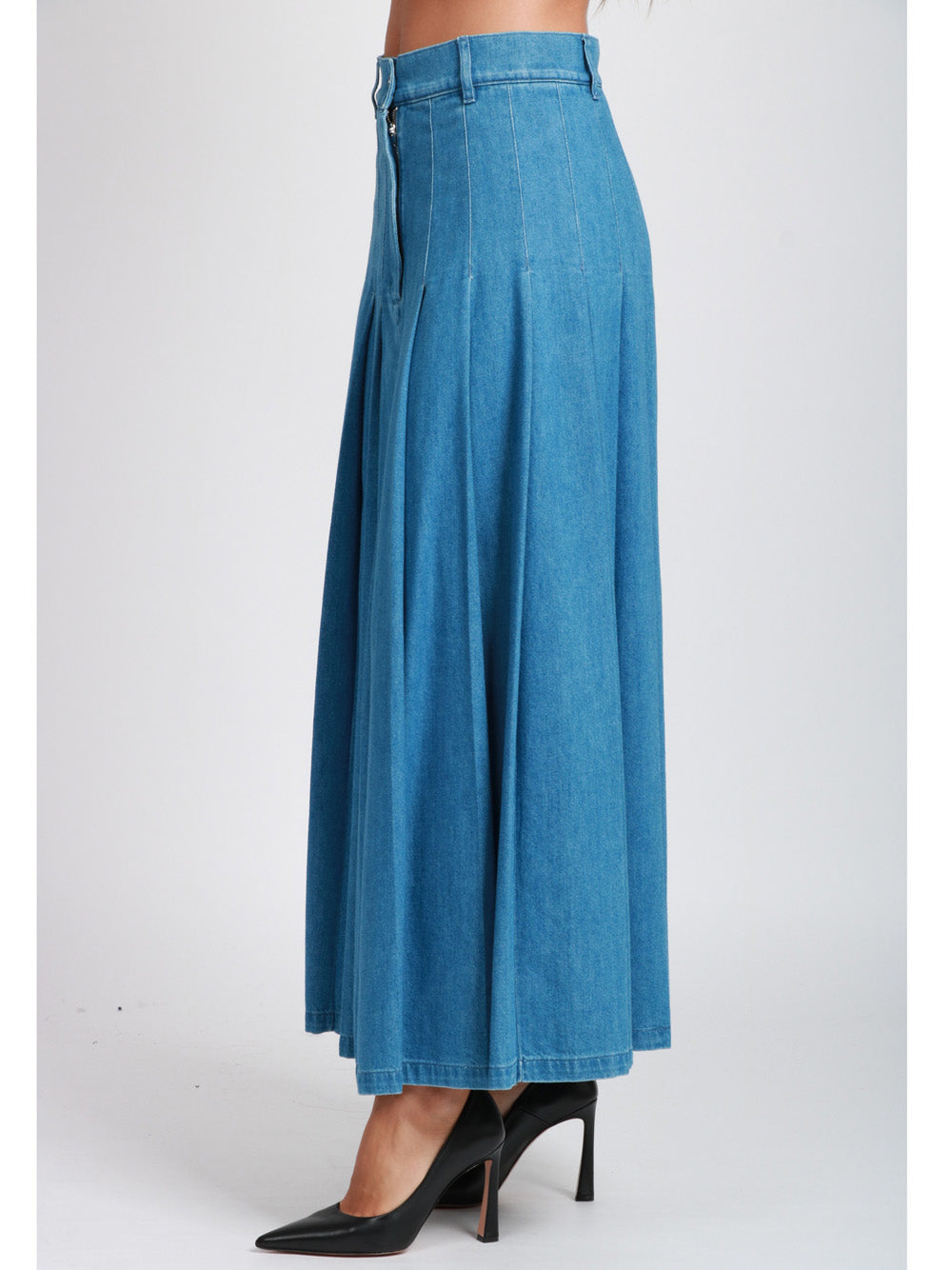 WEEKEND MAX MARA Gonna Opunzia in Denim di Cotone Blu con Pieghe Denim chiaro