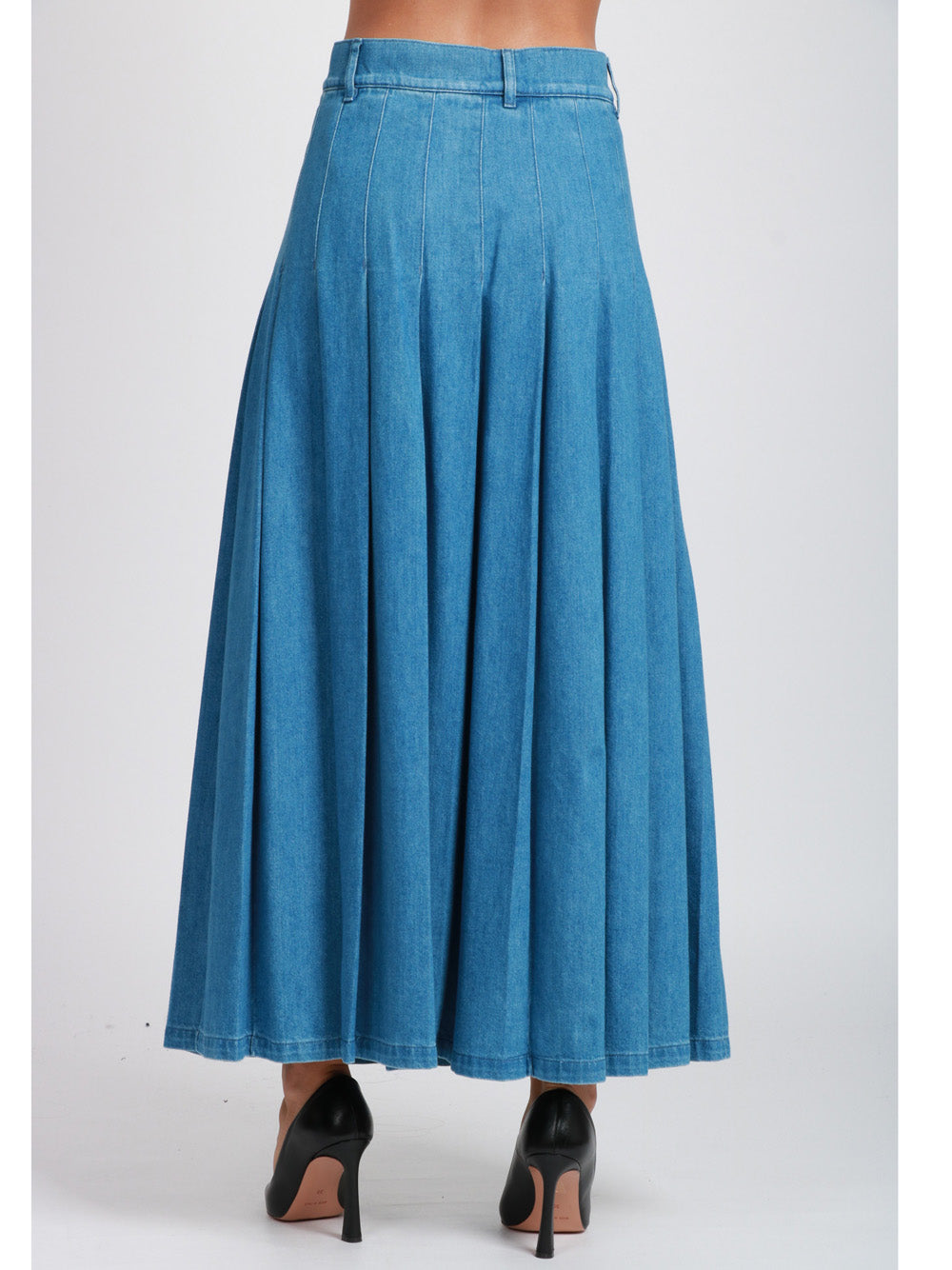 WEEKEND MAX MARA Gonna Opunzia in Denim di Cotone Blu con Pieghe Denim chiaro