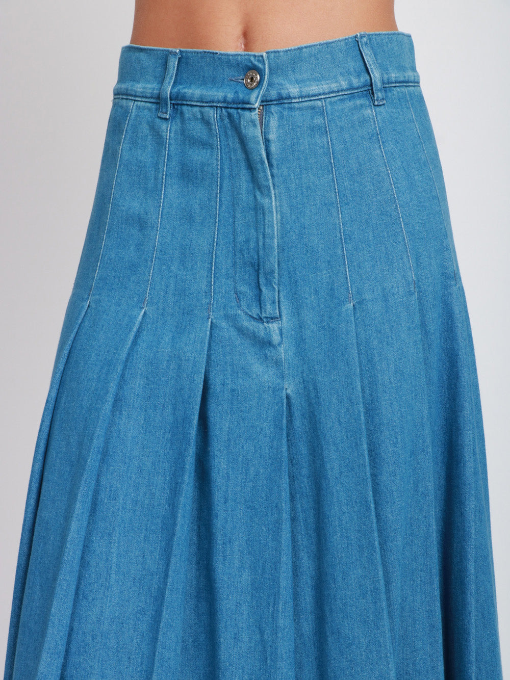 WEEKEND MAX MARA Gonna Opunzia in Denim di Cotone Blu con Pieghe Denim chiaro